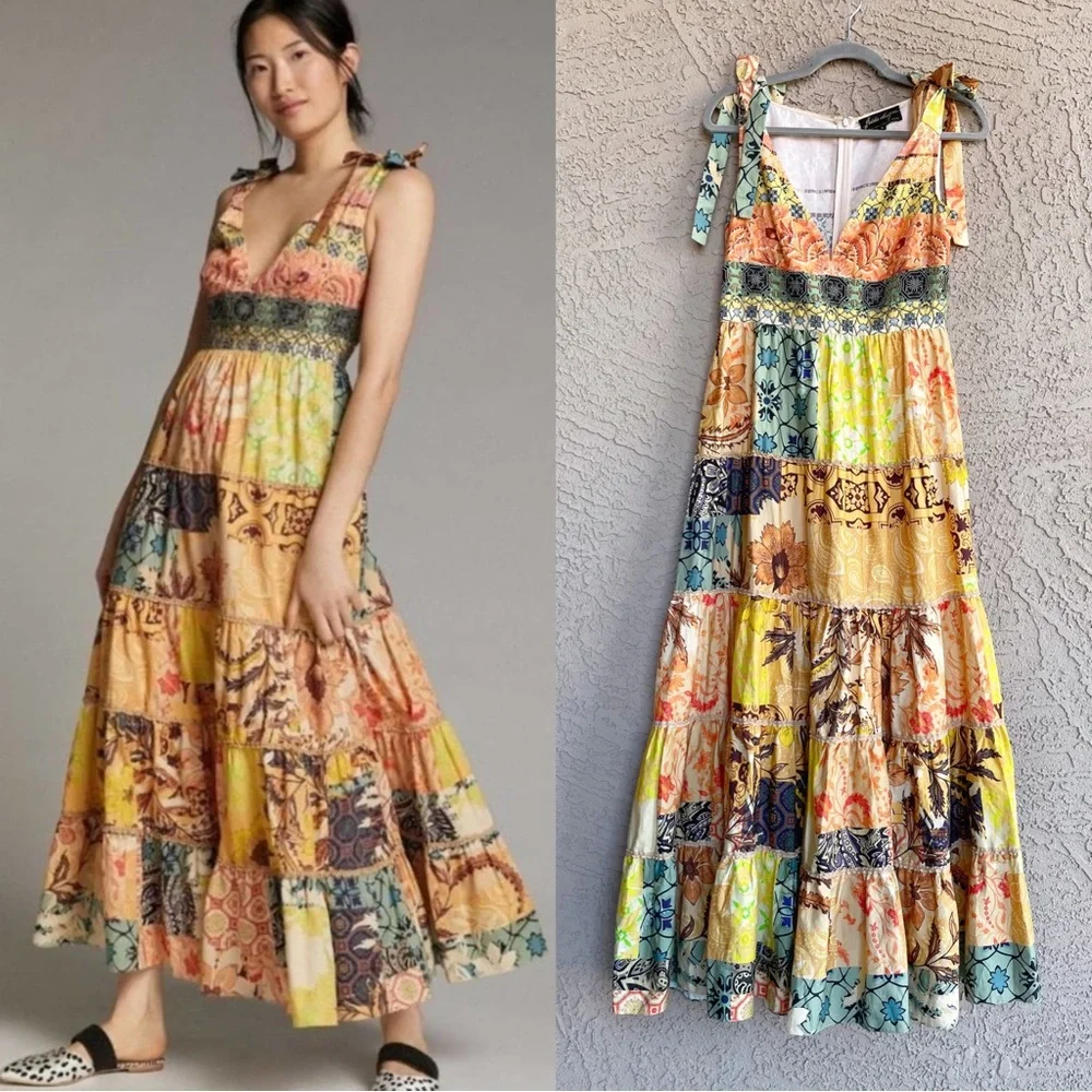 ANTHROPOLOGIE Geisha Designs Rosalina Patchwork  Boho Floral Beaded Maxi Dress